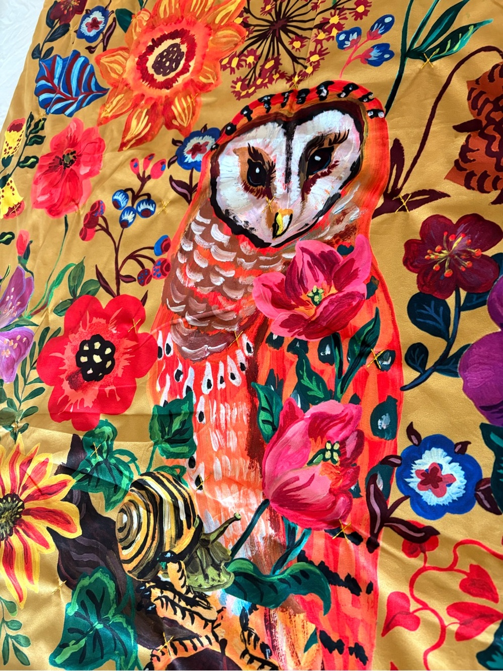 Anthropologie Mustard Yellow Floral Owl Throw Blanket - Picture 4 of 9